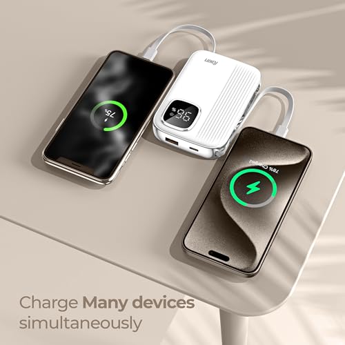 Image of Foxin ChargeX 10 Pocket Power Bank 10000mAh 22.5W Super Fast Charging | Type C & 8 Pin Dual Output Ports| Type C & USB Input & Output |Supports Android, Apple, Tablets | Built-in-Cable | White
