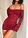 Womens Sexy Off Shoulder Lace Dresses Long Sleeve See Through Bodycon Mini Dress Y2K Dress Birthday Date Night Outfit Burgundy