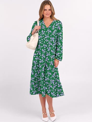 Image of ANRABESS Women's Long Lantern Sleeve Floral Midi Dresses 2026 Fall V Neck Casual Flowy A-line Tiered Boho Vacation Dress