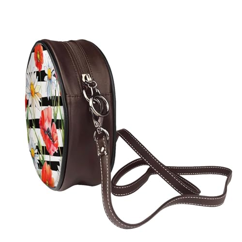Sac à bandoulière rond femme cuir végétalien à rayures et fleurs Poppy