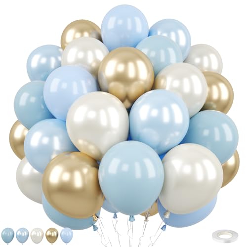 Image of Dusty Blue Pearl Balloons, 50PCS 12Inch Sand Double Stuffed for Baby Shower | Pearl White Dusty Blue Double Stuffed Balloons for Baby Shower Wedding Anniversary Birthday Party Boho Style Decor