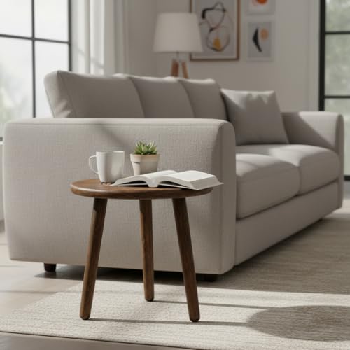 Image of Solid Wood Round Side Table for Living Room | Compact Sofa End Table with 3 Legs | Minimalist Wooden Accent Table for Bedroom Balcony Office Home Decor (Walnit, 12X12 Inches)