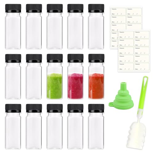 HMCEY 15 Piezas Botellas de Plastico Pequeñas 60 ML,Shots Botellitas Jengibre para Rellenar con Embudo, Cepillo y Pegatinas,Ginger Shot Bottle,Botellas Transparentes de Zumo para Bebida, Miel, Aceite