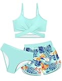 Dearnow Girls Swimsuit Size 8 10 Bathing Suits Size 8-10 Criss Cross Bikini 3 Piece Blue Tropical Print Girls' Swimwear with Beach Sports Shorts