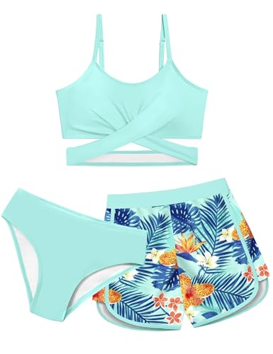 Image of Girls Swimsuit 3 Piece Bathing Suit Criss Cross Bikini Set Girls' Swimwear with Shorts 7-16T