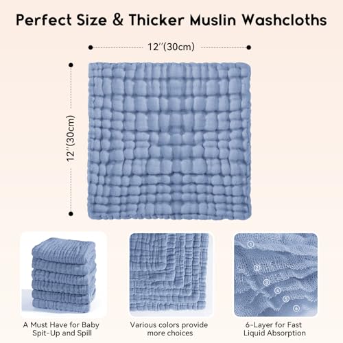 Image of Unnivoll Muslin Burp Cloths Baby 12''X12'', Baby Washcloths 6 Pack, 100% Cotton Baby Wash Cloths Absorbent and Soft for Newborn Infants Kids Boys Girls - Sapphire Blue