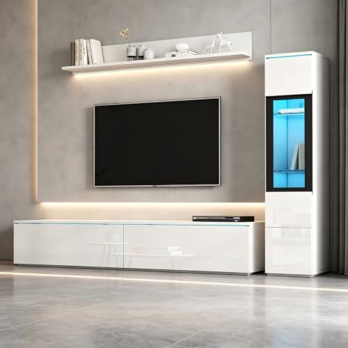 Juego de TV 3 paredes LED brillante, muebles salón, pared blanca, armario TV, vitrina, estante colgante, blanco, 180x33x30 cm