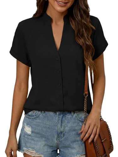 Cicy Bell Bluse Damen V Ausschnitt T-Shirts Kurzarm Button Down Oberteile Einfarbig Sommer Tunika Elegant Damenblusen Casual Blusenshirt Tops Schwarz M