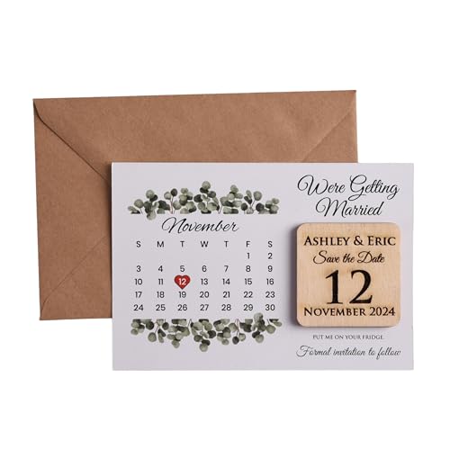 Customizable Calendar Save the Date Card & Wooden Magnet Personalized Wooden Magnet Wedding Favors Together with Kraft Envelopes and Clear Labels Easy Personalization 5 Different Color Options