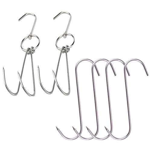 Grizef 2pcs 10inch Stainless Steel Roast Duck Double Meat Hooks + 4pcs 5 inch S-Hooks for Bacon Hams Meat Processing Butcher Hook Hanging Drying BBQ Grill Cooking Smoker Hook Tool （6pcs）