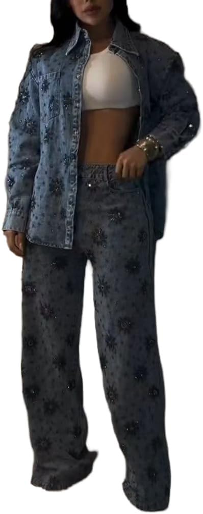 Women Denim and Diamond Two Piece Outfits Sequin Button Down Shirt Top and Wide Leg Long Pants Set Jean Outfits