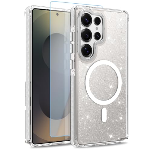Image of Magnetic Case for Samsung Galaxy S25 Ultra [Compatible with Magsafe] [Bling Glitter Fluorescent Design] [1 Screen Protector] Slim Translucent Matte Case for Galaxy S25 Ultra 6.9 inch, White