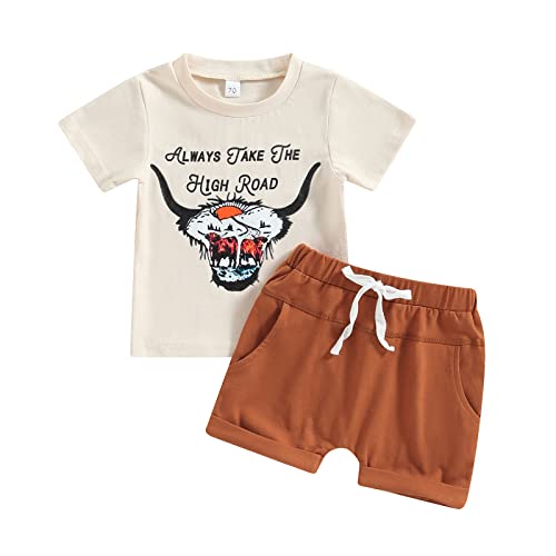 Image of Toddler Baby Boy Western Outfit Summer Clothes Cow Print Short Sleeve T Shirt Top Shorts Set Cowboy Outfits (B Beige, 6-12 Months)