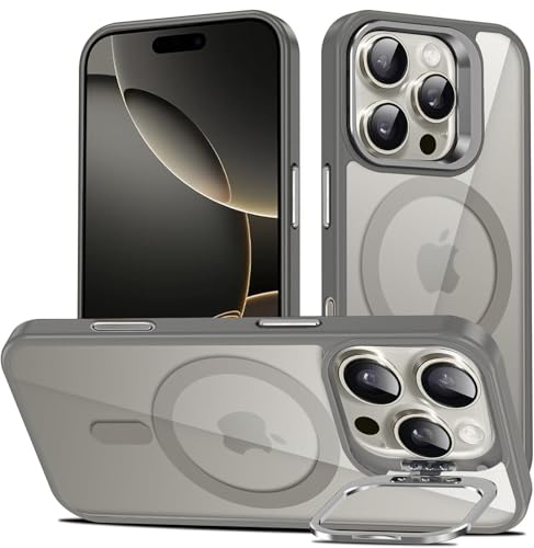 Image of VONZEE Clear Camera Kickstand Case for iPhone 15 Pro, Built-in Adjustable Camera Stand, Clear Magnetic Mag-Safe Shockproof Classic Series Phone Cover (Grey)