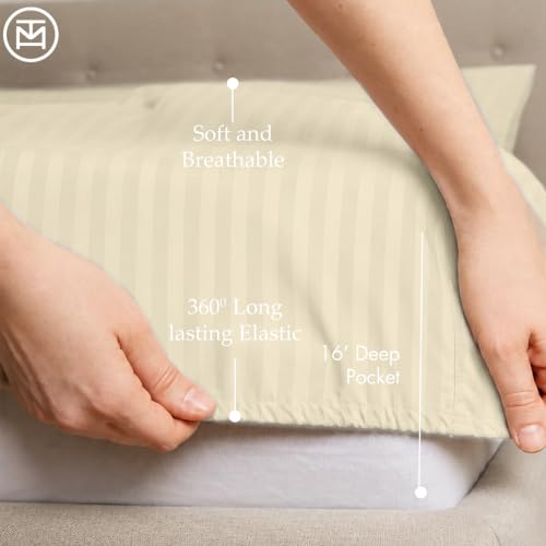 Image of Threadmill 600TC Cotton King Sheet Set, Sateen, Damask Stripe, Cream