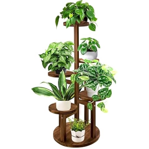 GEEBOBO Plant Stand Indoor, 5 Tier Corner Tiered Wood Tall Plant Stand For Indoor, Outdoor, Flower Plant Shelf for Living Room Bedroom, Brown Cover