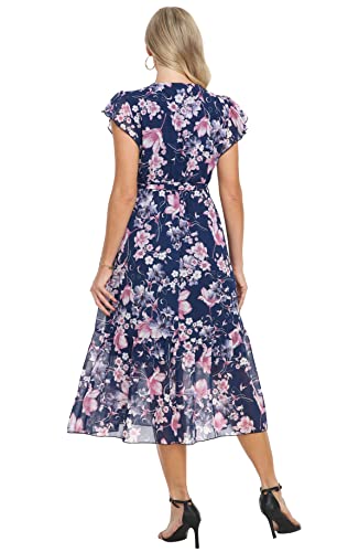 Image of VintageClothing Womens Sundress Casual Floral Summer Boho Dress | Flowy Wrap V Neck Ruffle A-Line Pleated Hem Midi Dresses
