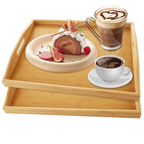 Image of SHUESS 2 Pack Wooden Tray - 40 x 30 x 5cm Rectangular Bamboo Tray with Handles - Trays for Food Serving - Large Serving Trays with Handles for Breakfast, Tea, Coffee, Eating