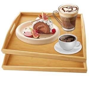 SHUESS 2 Pack Wooden Tray – 40 x 30 x 5cm Rectangular Bamboo Tray with Handles – Trays for Food Serving – Large Serving Trays with Handles for Breakfast, Tea, Coffee, Eating