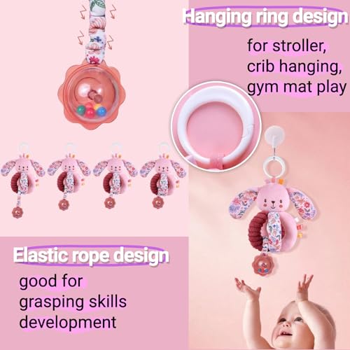 Image of Baby Stroller Hanging Car Seat Toys for Infants 0-6 Months Girl 0-2-3-4-5-7-8-9-10 6-12-18 Month Old Newborn Gifts, Carseat Pink Plush Bunny Travel Toy for Babies Boy Play Gym Rattle Squeaky