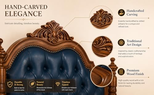 Image of Wooden Bed, American Classic Style, Blue Tufted Leather Headboard with Carved Wood Frame