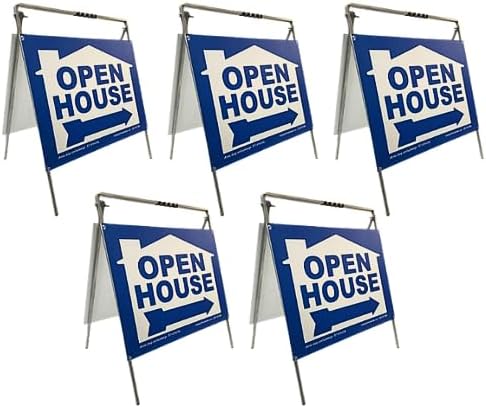 Open House Signs, Metal A-Frame Kit, 5-Pack, (24"W x 18"H), 5lb Signs, Weatherproof Directional Arrows, Real Estate Yard Signs for Open House, Home For Sale, Real Estate Marketing, Blue House