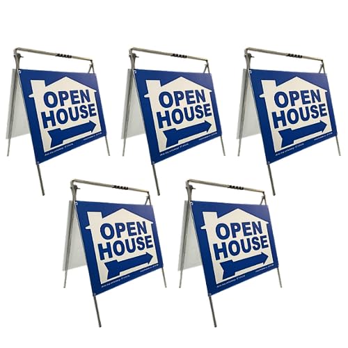 Open House Signs, Metal A-Frame Kit, 5-Pack, (24"W x 18"H), 5lb Signs, Weatherproof Directional Arrows, Real Estate Yard Signs for Open House, Home For Sale, Real Estate Marketing, Blue House