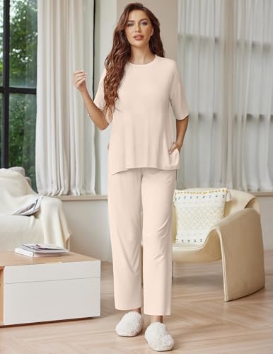 Image of Ekouaer Lounge Sets for Women Short Sleeve Tops and Long Pants Soft Comfy Pajamas Set 2 Piece Outfits