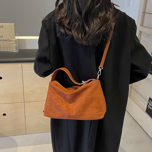 Suede Shoulder Bag, Trendy Brown Faux Suede Tote: Matte Underarm Bag for Fall-Winter, Versatile Commuter Crossbody3