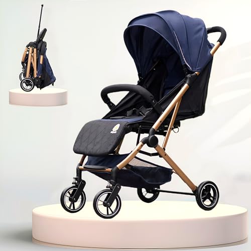 Image of Travel Mate Baby Stroller - Pre-Installed, Lightweight, Compact & Travel-Friendly | One-Hand Fold | Full Recline & 5-Point Harness | Newborn to Toddler (0-3 Yrs) | Elegant Rose Gold Frame - Blue