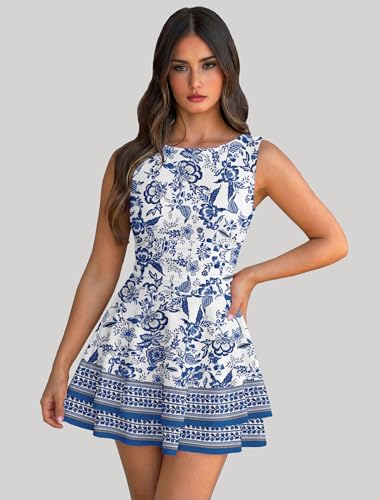 Image of IWD Women's Boat Neck Sleeveless Mini Dress Ruched Waist Flowy Tiered Ruffle Hem A Line Party Short Dresses