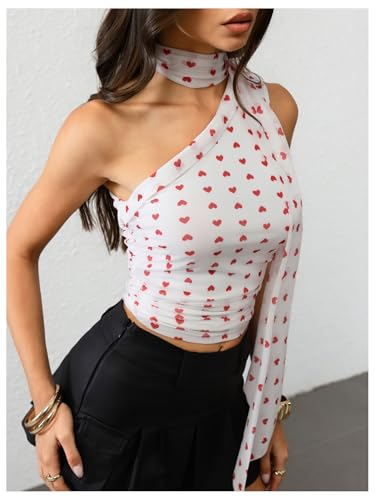 Image of RoseSeek Women's Y2K Leopard Polka Dots Halter Asymmetrical Neck Crop Tops | One Shoulder, Slim Fit, Sleeveless, Cheetah Print, Summer Tops, Scarf Tops, Party, Going Out Tops