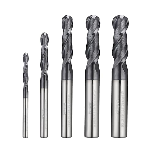 Image of Tools Carbide Ball Nose End Mill Bits Set (1 /8,3 /16,1 /4,5 /16,3 /8) 5Pcs, MAH Coating,CNC Cutting Tools for Steels,3D Carving & Engraving. 2 Flute Router Bits