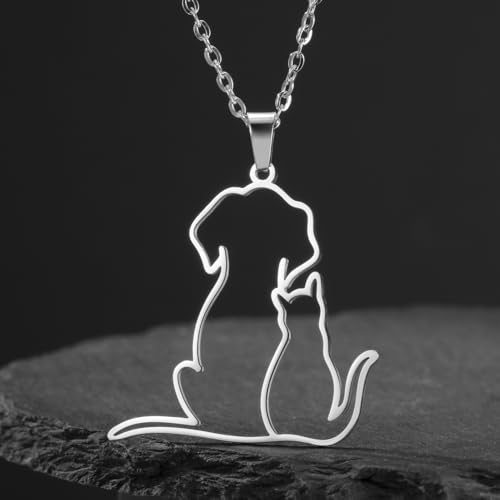 TEAMER Niedliche umarmende Katze Hund Halskette Hunde Anhänger Edelstahl Katzen und Hundeliebhaber Schmuck für Damen und Herren (Silber)