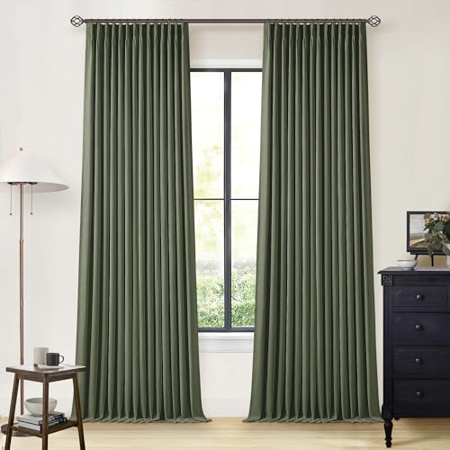 Olive Green Blackout Linen Curtains 108 Inches Long for Bedroom