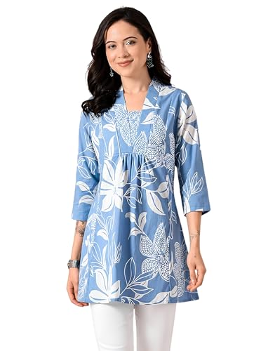 Image of Amazon Brand - Tavasya Women Ethnic Printed V-Neck Cotton Short A-line Kurta | Stylish Casual Everyday Office Top | 3 /4th Sleeve | Regular Fit