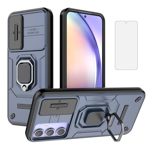 Asuwish Phone Case for Samsung Galaxy A54 5G with Slide Camera Cover Tempered Glass Screen Protector Ring Holder Stand Rugged Slim Protective Hybrid Cell A545G A 54 54A 4G G5 SM A546U Women Men Blue