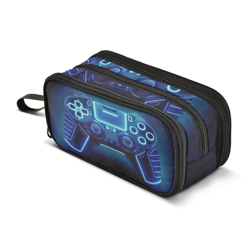 Image of Blue Glowing Game Controller Pencil Case Large Capacity Pencil Pouch Boys Girls 3 Compartment Pen Bag School Office Stationery Organizer