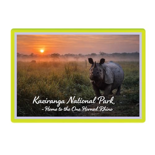 Image of Decorative Fridge Magnet with Glowing Border | Pack of 1 (Kaziranga National Park, Assam - Home to the One Horned Rhino, 4x3 inch - Fluorescent Border)