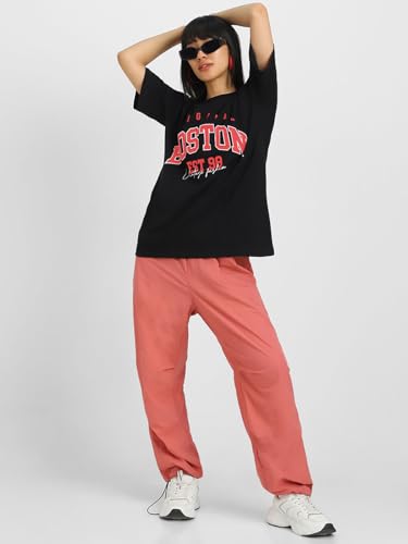 Image of JUNEBERRY Round Neck Drop Shoulder Round Neck Black & White Graphic Printed Pure Cotton Oversized Baggy Fit Half Sleeve T-Shirt for Women & Girls (Sizes: S to 2XL)