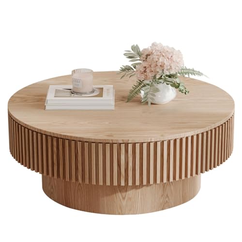 LKTART Round Coffee Table for Living Room, Accent Fluted Drum Coffee Table with Storage, Modern Solid Wood Veneered Circle Center Tea Table for Small Space Apartment (31.5''D×14''H-Natural)