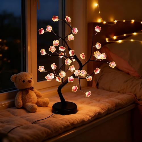 Gresoinc 45cm LED Lichterbaum mit künstlichen Pflaumenblüten 36 LED Warmweiß Licht Dauerlicht & Blinkmodus flexibel verstellbare Äste USB/Batteriebetrieben Innen Deko für Weihnachten Frühling