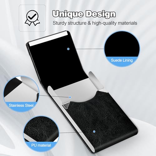 Image of Business Card Holder for Women or Men, Business Card Case with PU Leather and Stainless Steel, Slim Metal Case with Magnetic Closure for Business Meeting Use