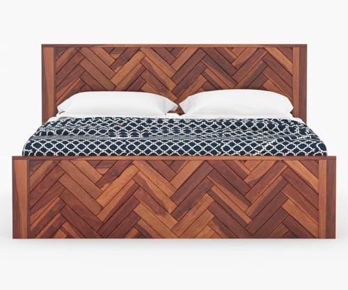 Image of Sheesham Wood Queen Size Bed Without Storage | Wooden Bed Queen Size Double Cot Palang Bed for Bedroom | Zigzag Design Headboard Bed for Living Room | Honey Finish