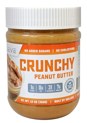 3Believe - Crunchy Peanut Butter - Low Carb, High Protein, Fat-Free, Double Roasted, Ideal for Spreading, Smoothies & Snacking - 12 oz