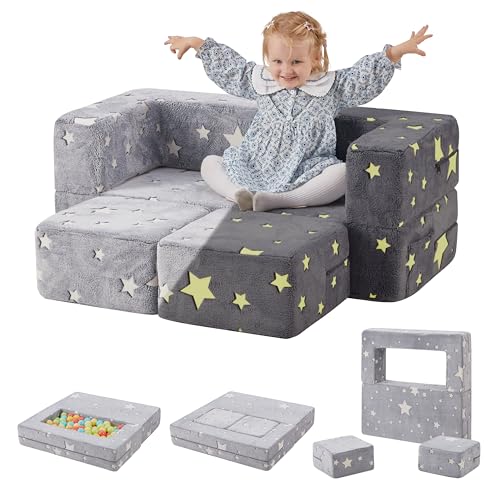 Image of crkmire Kids Play Couch, Glow in The Dark Star Patterns Toddler Modular Sofa, Convertible Baby Fold Out Play Foam and Floor Cushion for Nursery Playroom (Star)
