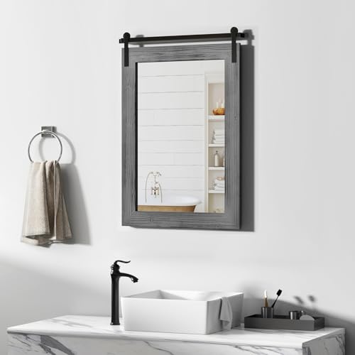 Image of COGOOD Bathroom Mirrors for Over Sink - 22 x 30 Farmhouse Barn Door Wall Mirror for Bathroom, Living Room, Entryway Wall Decor Grey