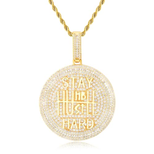 Iced Out Circle Chain Pendant Necklace for Men Women 14K White Gold Plated Bling CZ Diamond Round Coin Encourage Charm with 3mm 24