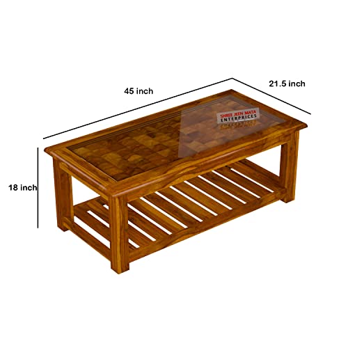 Image of Sheesham Wooden Centre Table with Storage Shelf for Living Room with Glass Top - Solid Wooden Coffee Table | Teapoy Tea Table Sofa Table & Center Table with Storage (Design 5)