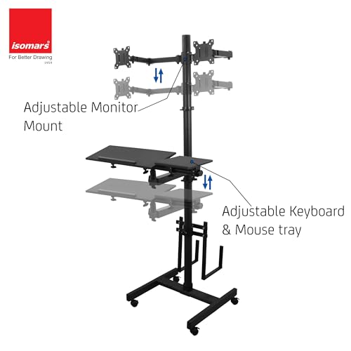 Image of Isomars Computer Standing Desktop Workstation with Dual Monitor Mount Adjustable Height with Keyboard & Mouse Tray Space for CPU Holder, Sit Stand Table Comes with Wheel for Easy to Move
